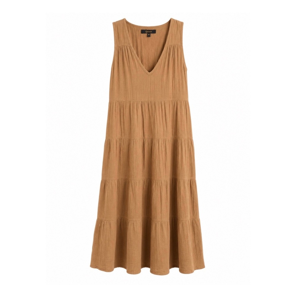 Quince Organic Cotton Gauze Tiered Maxi Dress Brown XL Sleeveless V-Neck
